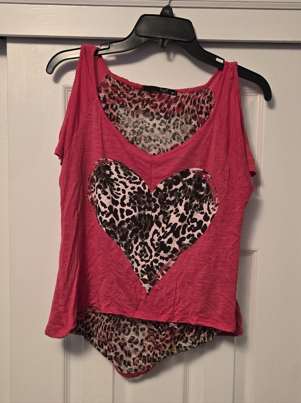 Women's Red Heart Leopard Print Cold-Shoulder Top